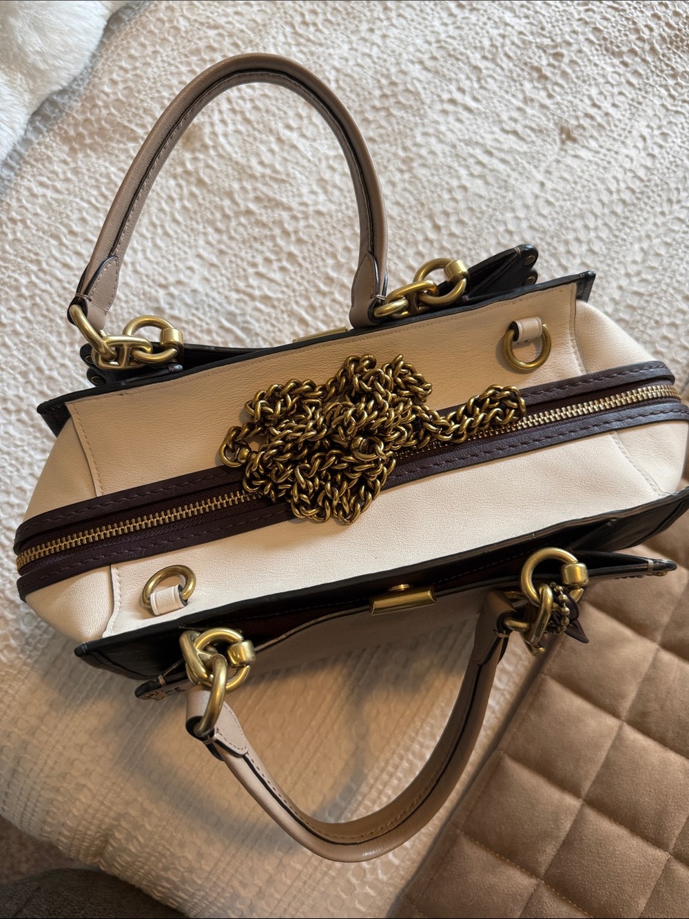 Coach Taupe and Black Leather Satchel with Gold Hardware - Picture 12 of 14